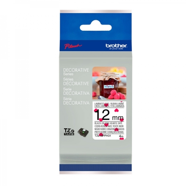 Cinta Laminada Brother Deco TZe MPPH31, de 12mm. Negro sobre Blanco con Corazones Rosa