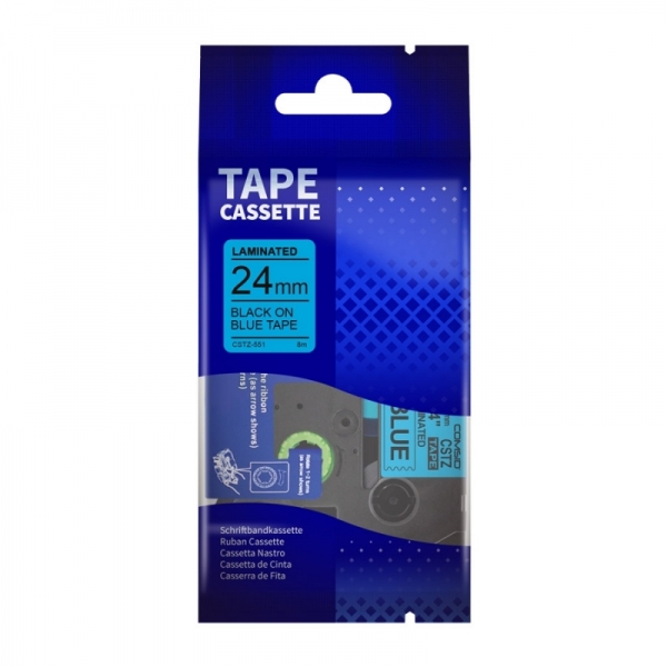Cinta CSTZ-551, para rotuladoras Brother, de 24mm. Negro sobre Azul, Laminada, Estándar