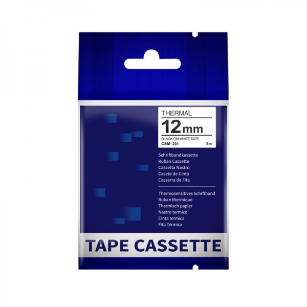 Cinta CSM-231, para rotuladoras Brother, de 12mm. Negro sobre Blanco, No laminada, Estándar
