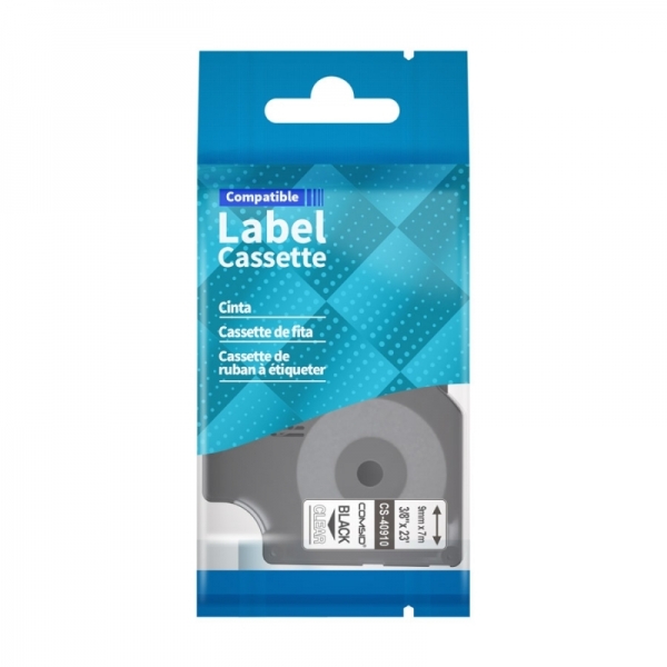 Cinta CSDY-40910, para rotuladoras DYMO, de 9mm. Negro sobre Transparente, Laminada, Estándar