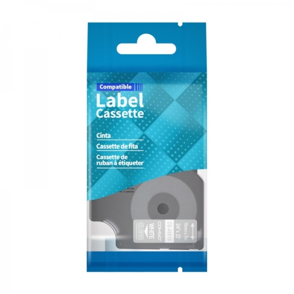 Cinta CSDY-45810, para rotuladoras DYMO, de 19mm. Blanco sobre Transparente, Laminada, Estándar