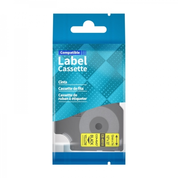 Cinta CSDY-45018, para rotuladoras DYMO, de 12mm. Negro sobre Amarillo, Laminada, Estándar