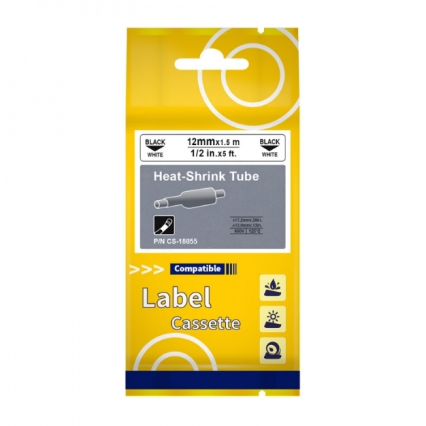 Cinta Termocontraíble CSDY-18055, para rotuladoras DYMO, de 12mm. Negro sobre Blanco